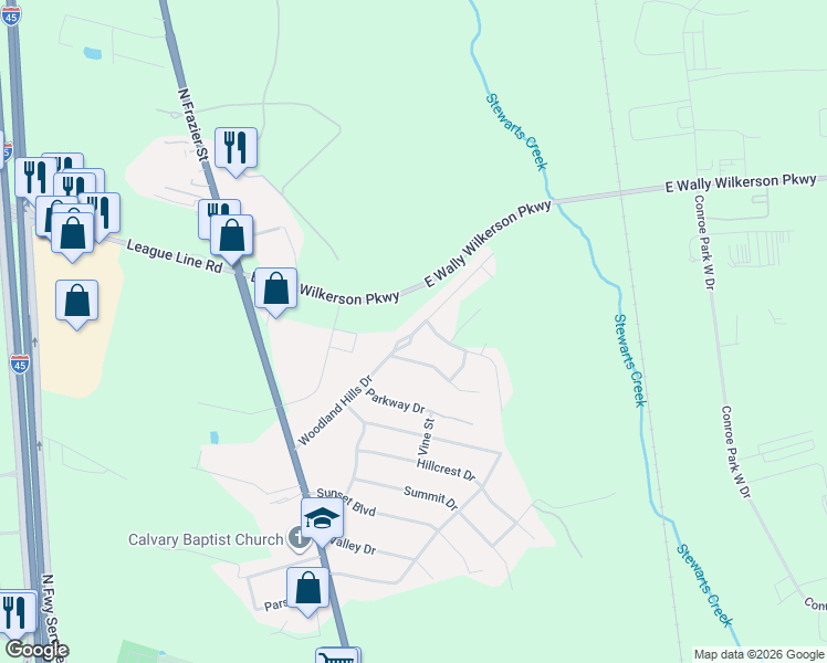 map of restaurants, bars, coffee shops, grocery stores, and more near 49 Woodland Hill Drive in Conroe