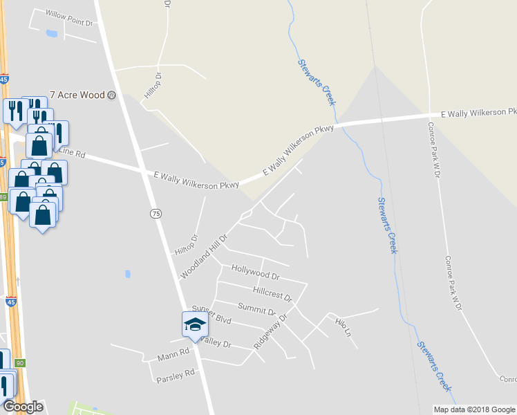 map of restaurants, bars, coffee shops, grocery stores, and more near 1 Ridgeway Drive in Conroe