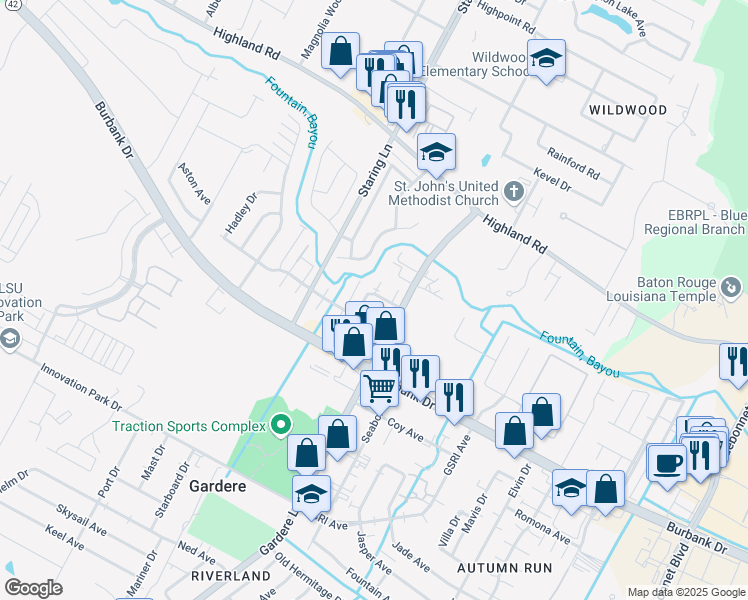 map of restaurants, bars, coffee shops, grocery stores, and more near 8262 Governor Drive in Baton Rouge