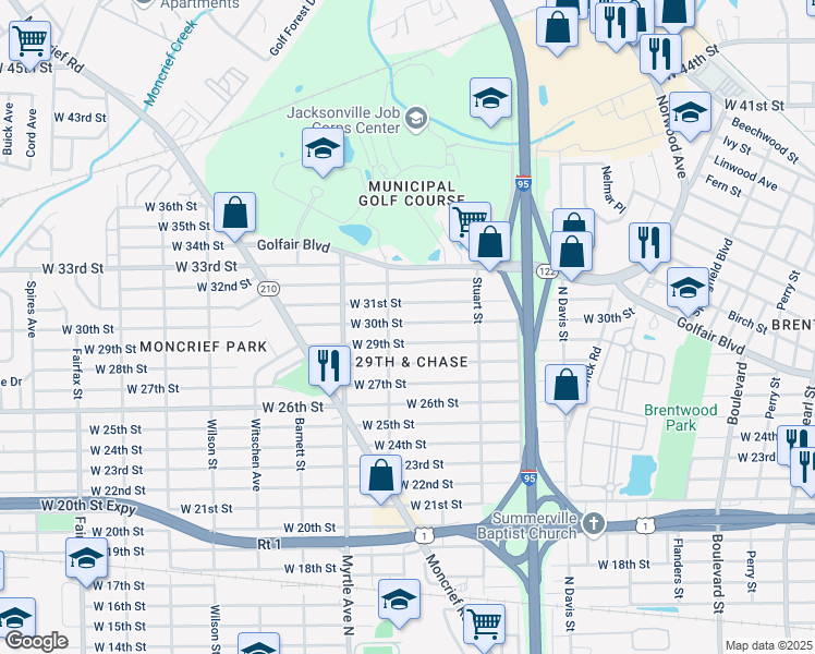 map of restaurants, bars, coffee shops, grocery stores, and more near 1195 West 30th Street in Jacksonville