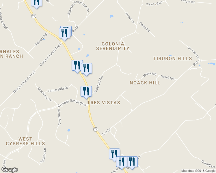 map of restaurants, bars, coffee shops, grocery stores, and more near 4519 Crawford Road in Spicewood