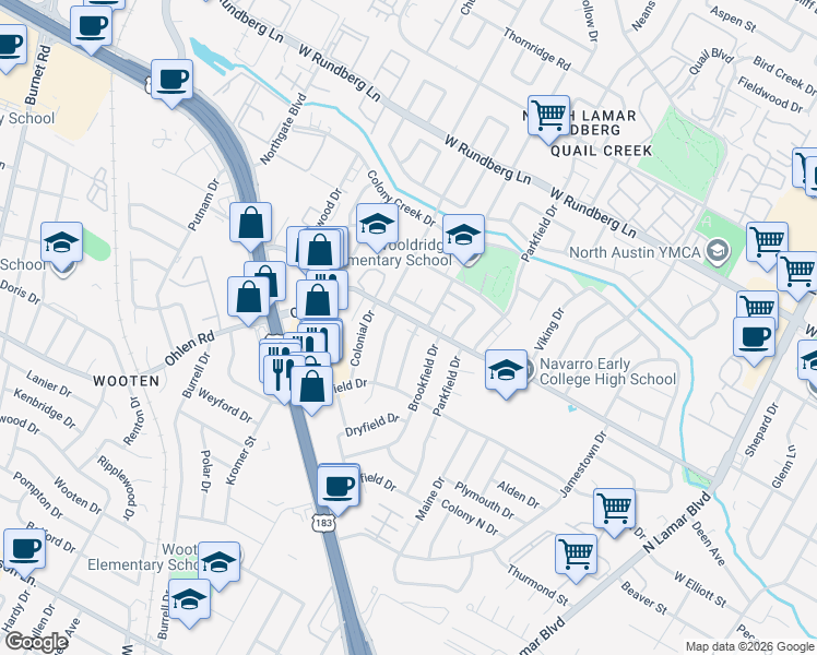 map of restaurants, bars, coffee shops, grocery stores, and more near 1401 Westbury Trail in Austin