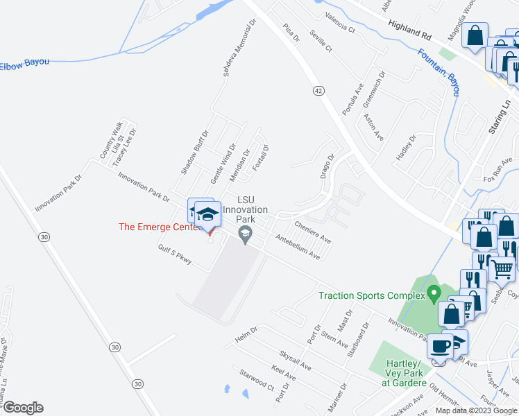 map of restaurants, bars, coffee shops, grocery stores, and more near 7873 W Pelican Lakes Ave in Baton Rouge