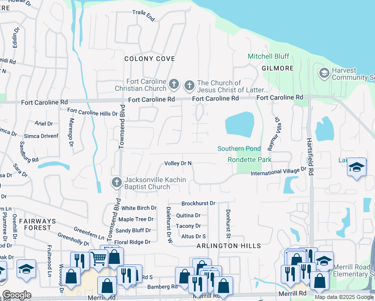map of restaurants, bars, coffee shops, grocery stores, and more near 7367 Lawn Tennis Lane in Jacksonville