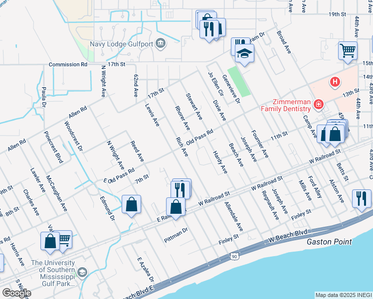 map of restaurants, bars, coffee shops, grocery stores, and more near 1138 Rich Avenue in Gulfport