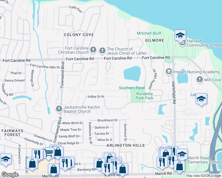 map of restaurants, bars, coffee shops, grocery stores, and more near 7421 Lawn Tennis Lane in Jacksonville