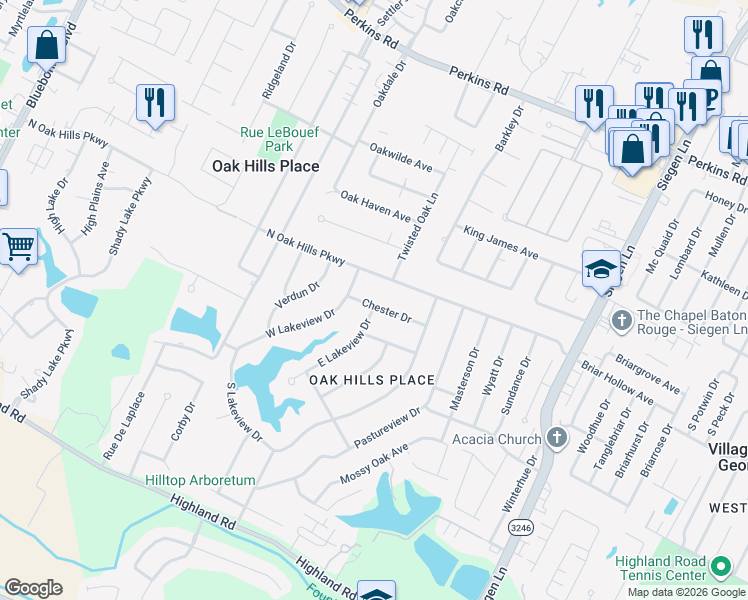 map of restaurants, bars, coffee shops, grocery stores, and more near 12047 Chester Drive in Baton Rouge
