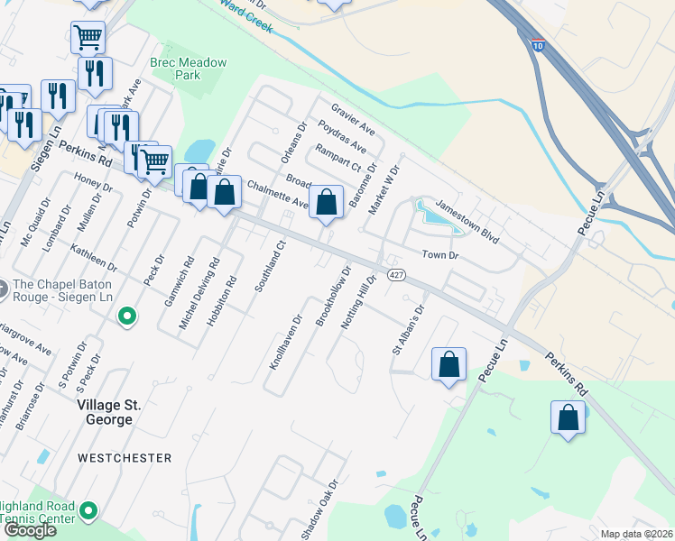 map of restaurants, bars, coffee shops, grocery stores, and more near 1665 Brookhollow Drive in Baton Rouge