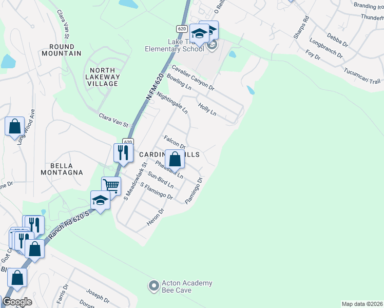 map of restaurants, bars, coffee shops, grocery stores, and more near 15103 Nightingale Lane in Austin