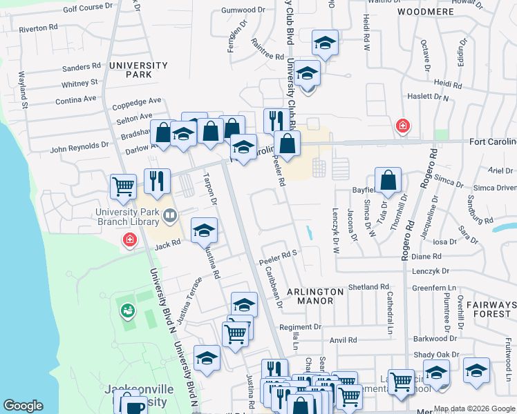 map of restaurants, bars, coffee shops, grocery stores, and more near 5941 Wentworth Drive in Jacksonville