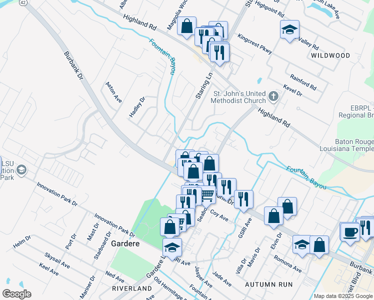 map of restaurants, bars, coffee shops, grocery stores, and more near 8219 Bayou Fountain Avenue in Baton Rouge