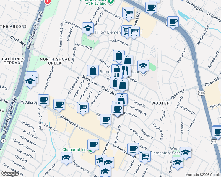 map of restaurants, bars, coffee shops, grocery stores, and more near 8201 Parkdale Drive in Austin