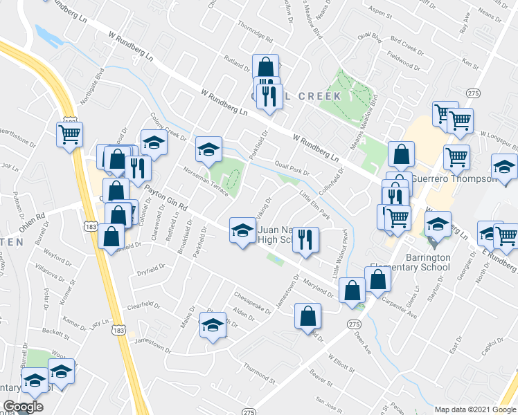 map of restaurants, bars, coffee shops, grocery stores, and more near 9000 Viking Drive in Austin