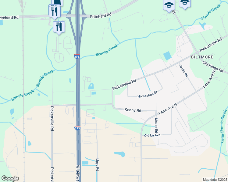 map of restaurants, bars, coffee shops, grocery stores, and more near 6254 Pickettville Road in Jacksonville