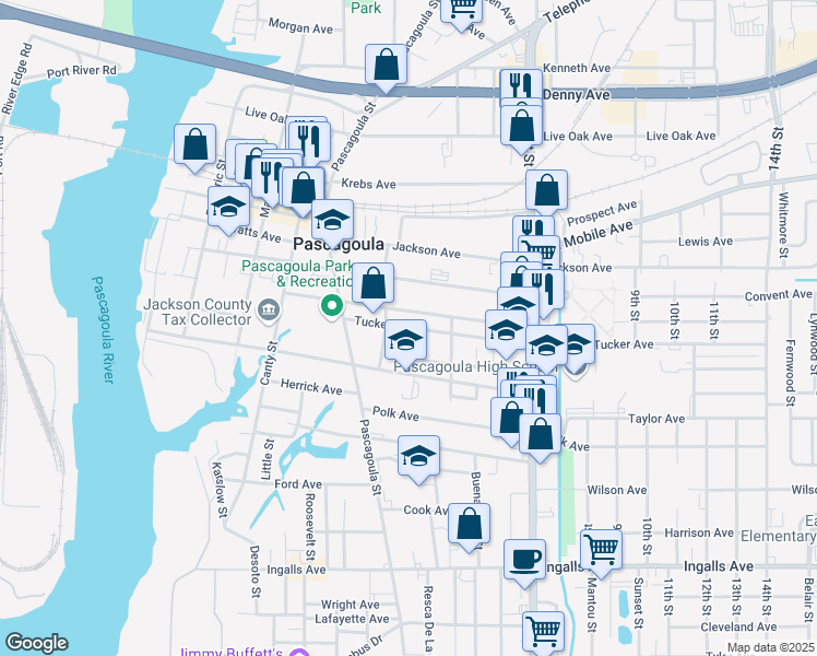 map of restaurants, bars, coffee shops, grocery stores, and more near 1008 Tucker Avenue in Pascagoula