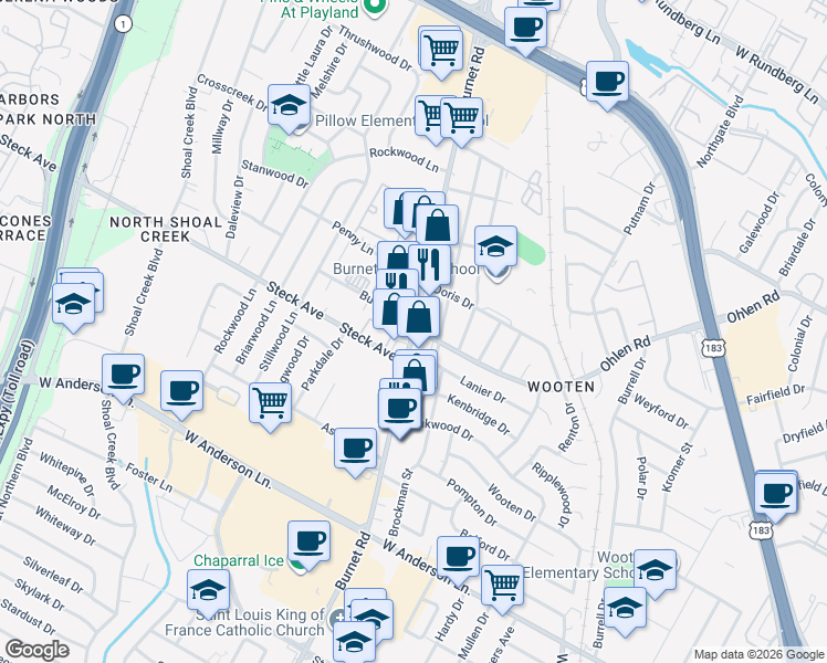 map of restaurants, bars, coffee shops, grocery stores, and more near Burnet Road & Ohlen Road in Austin