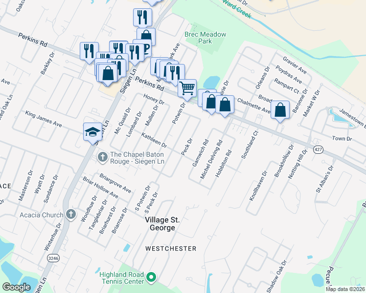 map of restaurants, bars, coffee shops, grocery stores, and more near 1855 Peck Drive in Baton Rouge