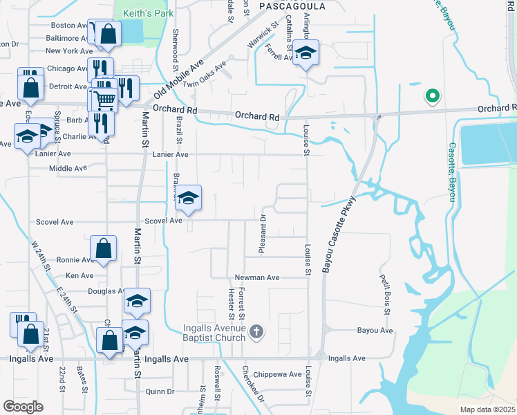 map of restaurants, bars, coffee shops, grocery stores, and more near 2711 Pleasant Drive in Pascagoula