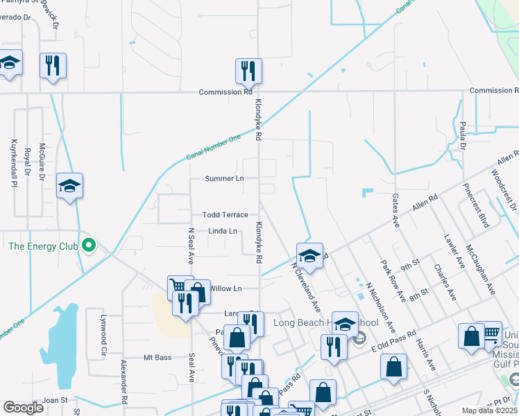 map of restaurants, bars, coffee shops, grocery stores, and more near Klondyke Rd & N Cleveland Ave in Long Beach