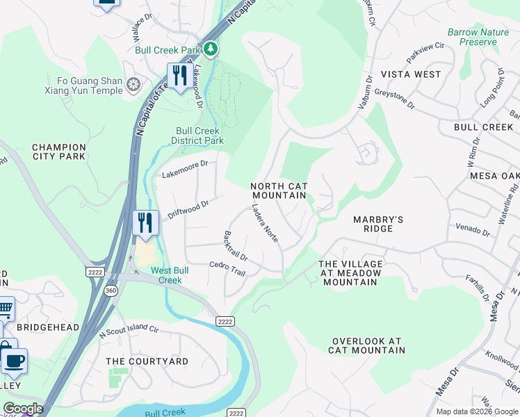 map of restaurants, bars, coffee shops, grocery stores, and more near 6527 Ladera Norte in Austin