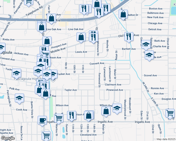 map of restaurants, bars, coffee shops, grocery stores, and more near 2214 Fulton Avenue in Pascagoula