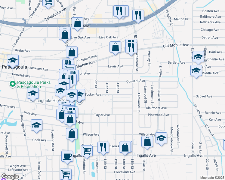 map of restaurants, bars, coffee shops, grocery stores, and more near 2110 Fulton Avenue in Pascagoula