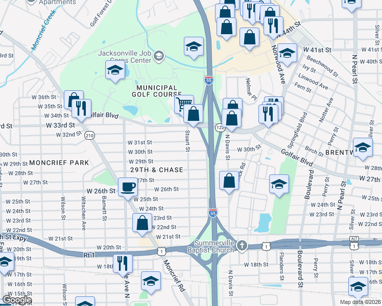 map of restaurants, bars, coffee shops, grocery stores, and more near 1056 West 30th Street in Jacksonville