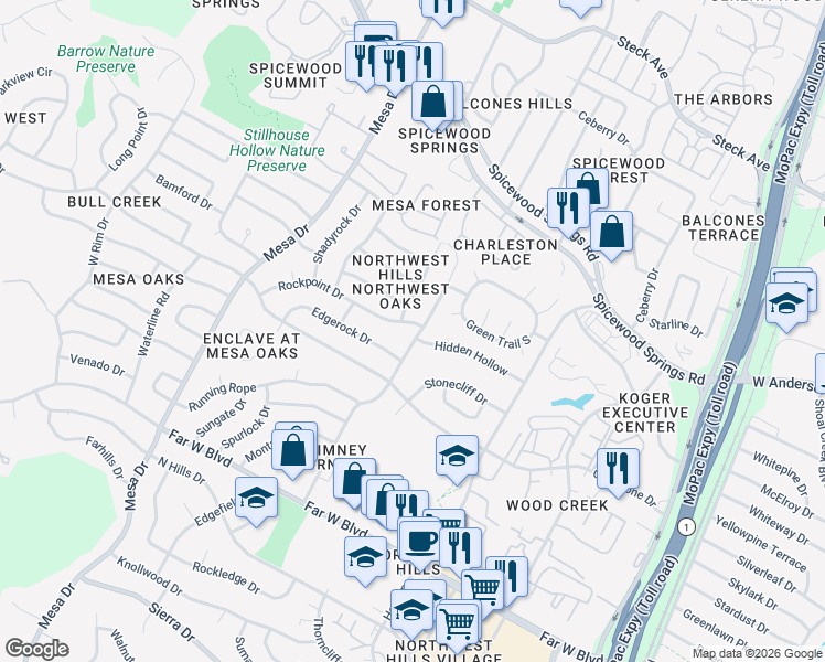 map of restaurants, bars, coffee shops, grocery stores, and more near 7633 Rockpoint Drive in Austin