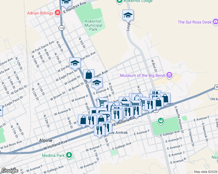 map of restaurants, bars, coffee shops, grocery stores, and more near 601 North 2nd Street in Alpine