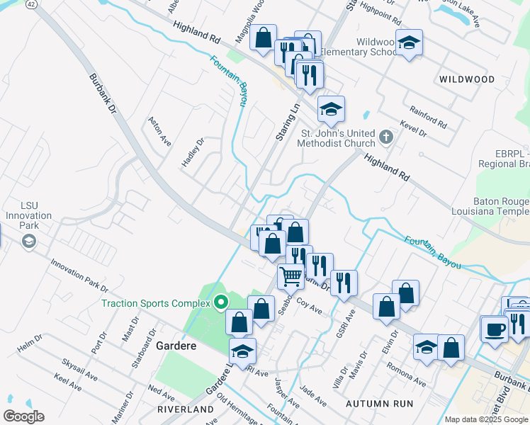 map of restaurants, bars, coffee shops, grocery stores, and more near 8219 Bayou Fountain Avenue in Baton Rouge