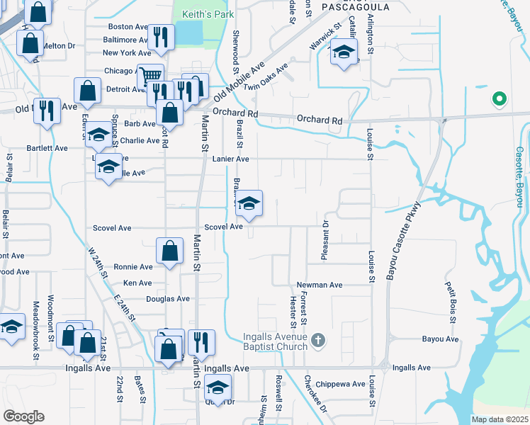 map of restaurants, bars, coffee shops, grocery stores, and more near 4203 Scovel Avenue in Pascagoula