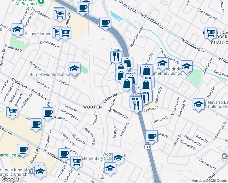 map of restaurants, bars, coffee shops, grocery stores, and more near 8505 Spearman Drive in Austin