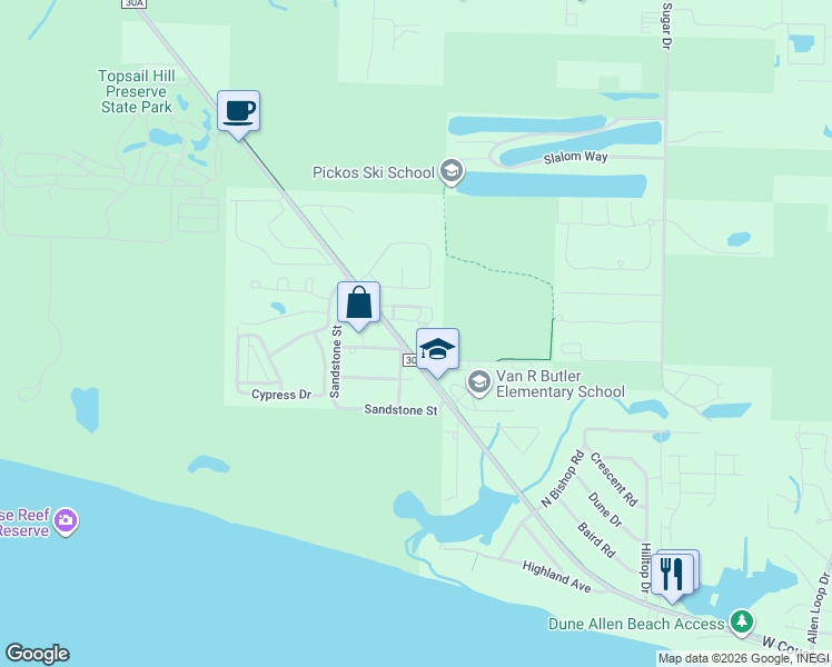 map of restaurants, bars, coffee shops, grocery stores, and more near 119 Topsail Village Drive in Santa Rosa Beach