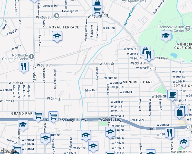 map of restaurants, bars, coffee shops, grocery stores, and more near 1907 West 30th Street in Jacksonville