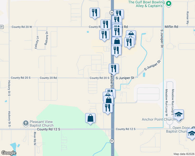 map of restaurants, bars, coffee shops, grocery stores, and more near 19861 County Road 20 South in Foley