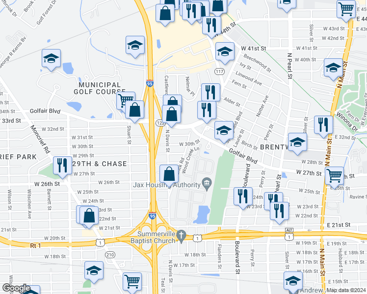 map of restaurants, bars, coffee shops, grocery stores, and more near 810 West 30th Street in Jacksonville
