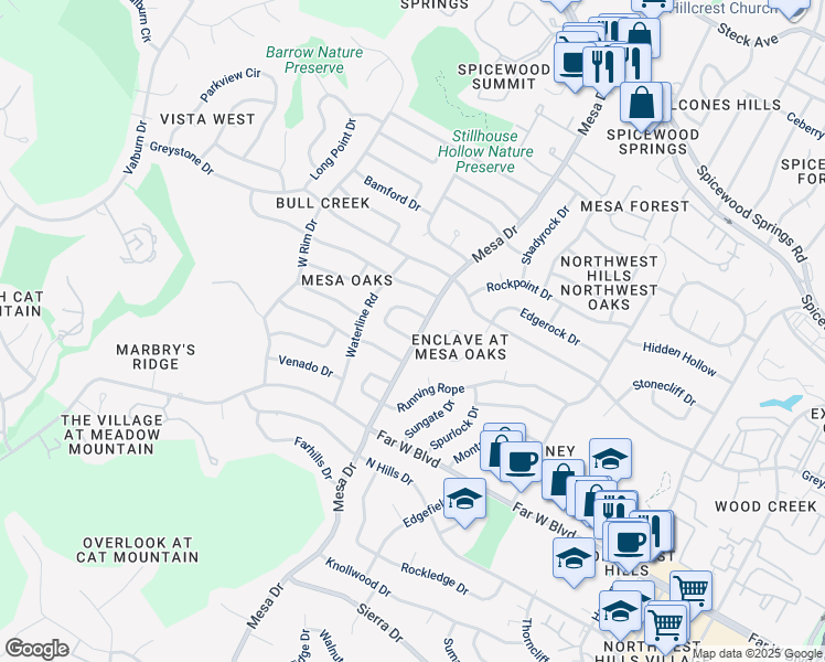 map of restaurants, bars, coffee shops, grocery stores, and more near 4100 Honeycomb Rock Circle in Austin