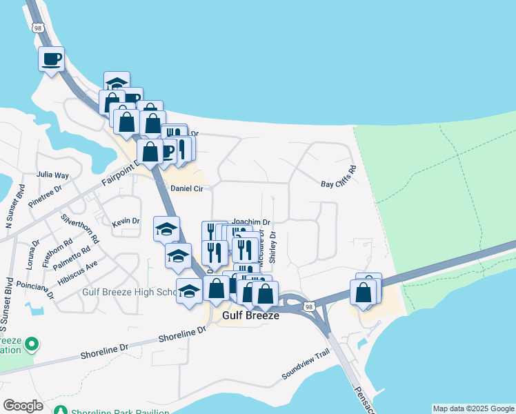 map of restaurants, bars, coffee shops, grocery stores, and more near 204 McClure Drive in Gulf Breeze