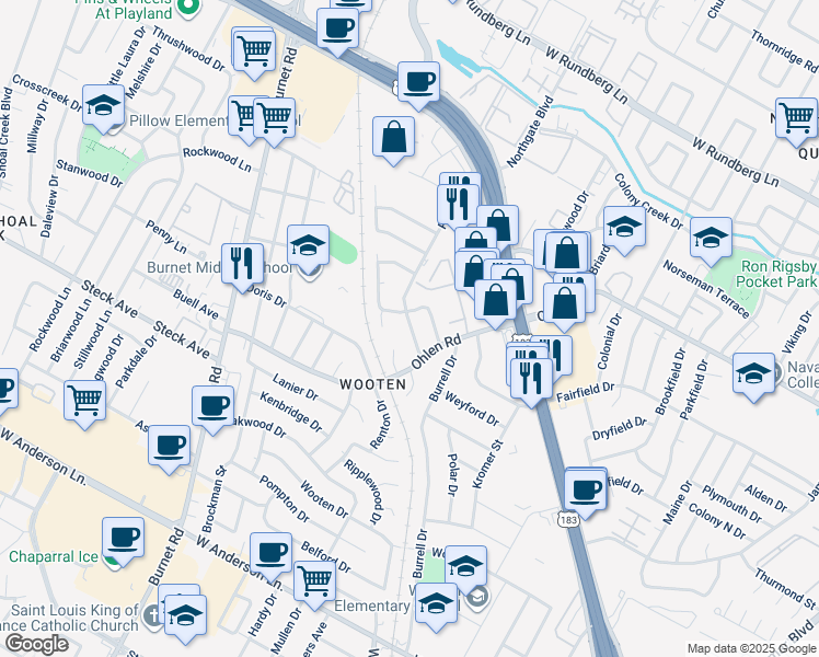 map of restaurants, bars, coffee shops, grocery stores, and more near 8512 Putnam Drive in Austin