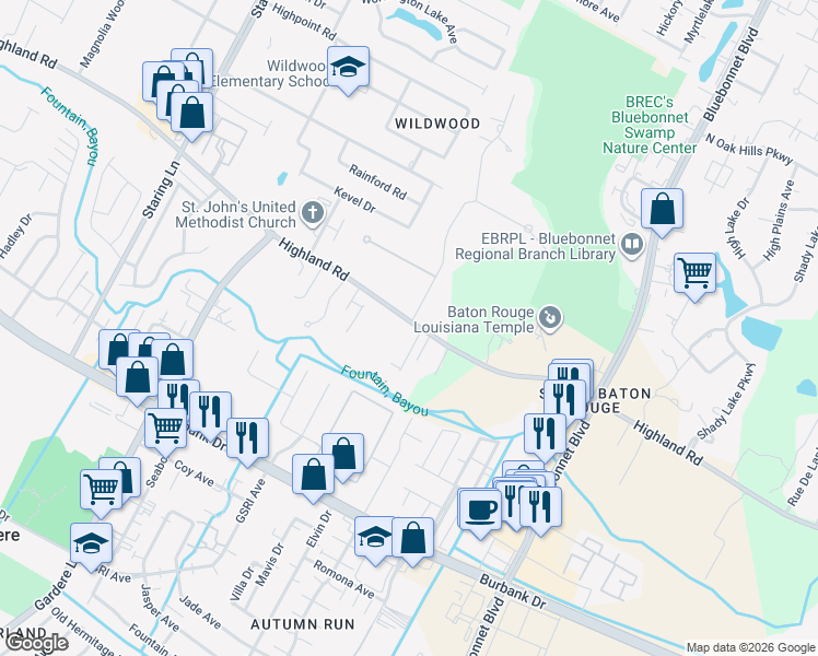 map of restaurants, bars, coffee shops, grocery stores, and more near 9880 Highland Road in Baton Rouge