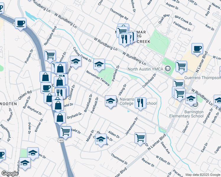 map of restaurants, bars, coffee shops, grocery stores, and more near 8909 Parkfield Drive in Austin