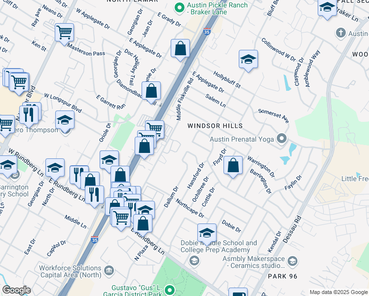 map of restaurants, bars, coffee shops, grocery stores, and more near 9910 Randall Drive in Austin
