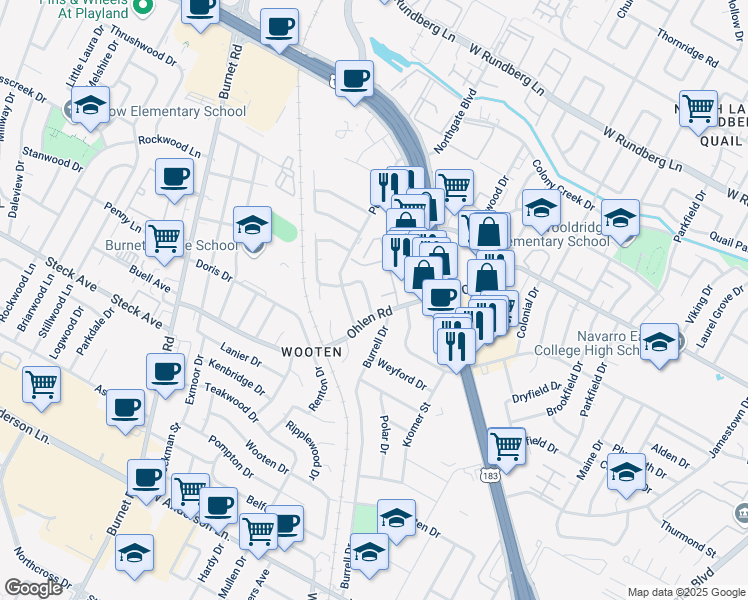 map of restaurants, bars, coffee shops, grocery stores, and more near 8505 Spearman Drive in Austin