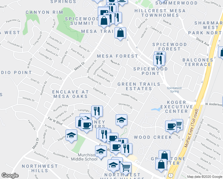 map of restaurants, bars, coffee shops, grocery stores, and more near 7633 Rockpoint Drive in Austin