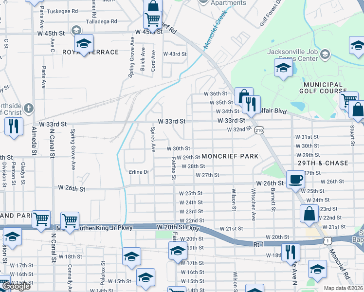 map of restaurants, bars, coffee shops, grocery stores, and more near 1725 West 30th Street in Jacksonville