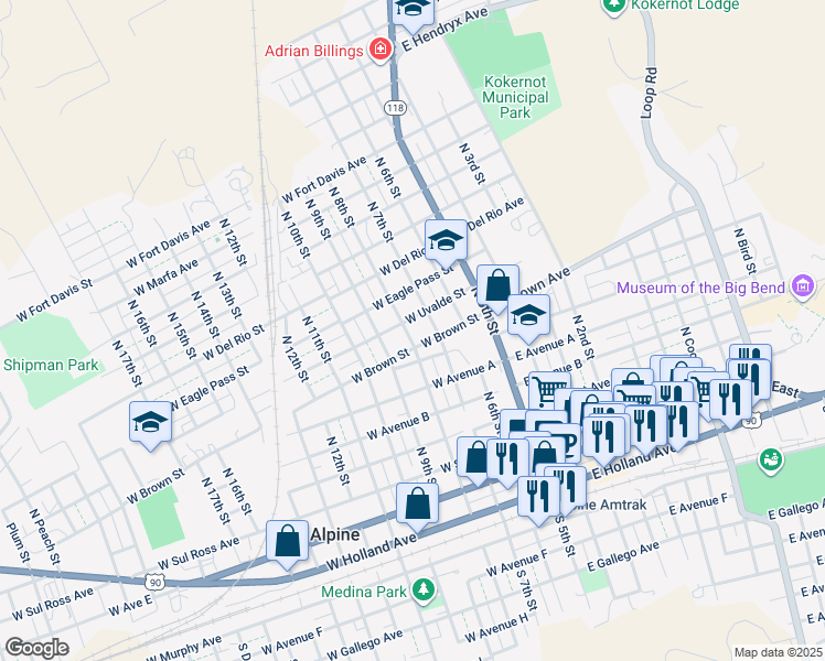 map of restaurants, bars, coffee shops, grocery stores, and more near 806 North 8th Street in Alpine
