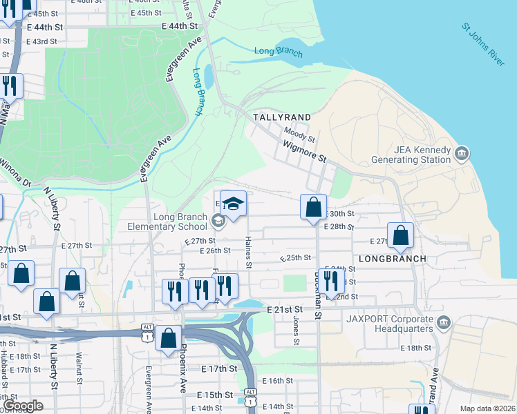 map of restaurants, bars, coffee shops, grocery stores, and more near 1449 East 30th Street in Jacksonville