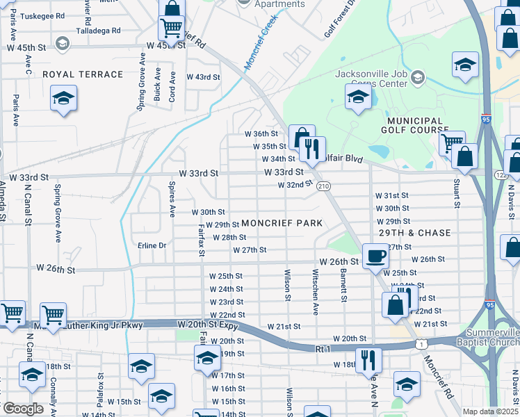 map of restaurants, bars, coffee shops, grocery stores, and more near 1581 West 30th Street in Jacksonville