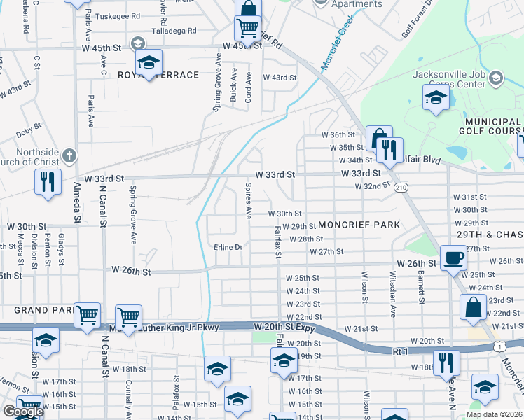 map of restaurants, bars, coffee shops, grocery stores, and more near 4014 Fairfax Street in Jacksonville