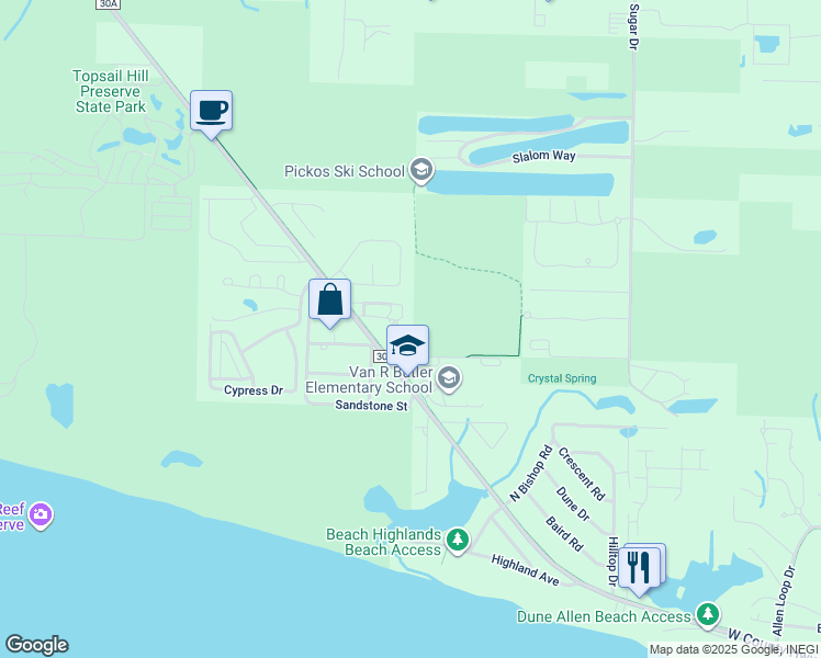 map of restaurants, bars, coffee shops, grocery stores, and more near 119 Topsail Village Drive in Santa Rosa Beach